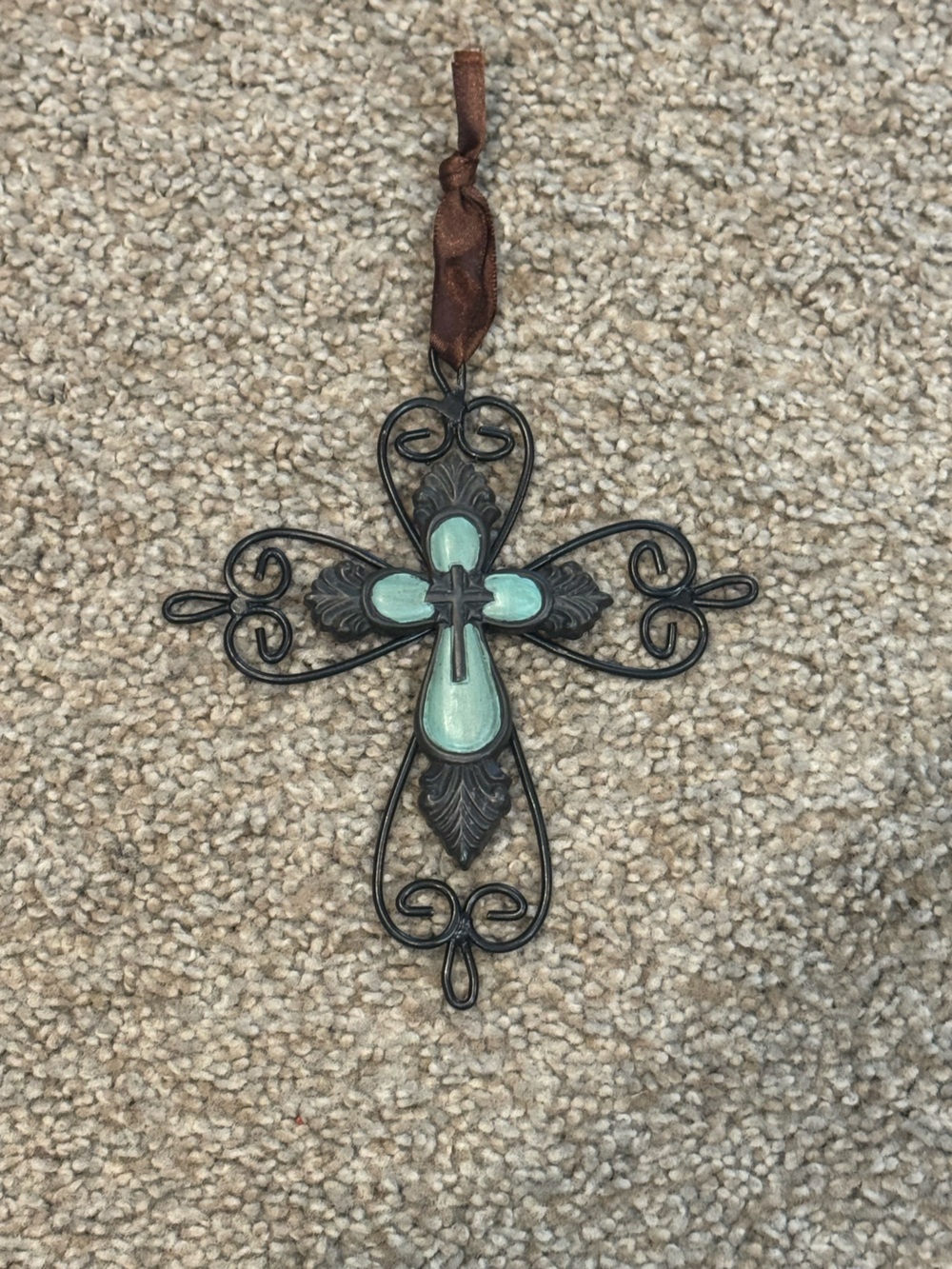 Decorative Metal Cross Wall Hanging with Mint Inlay 6”x5”